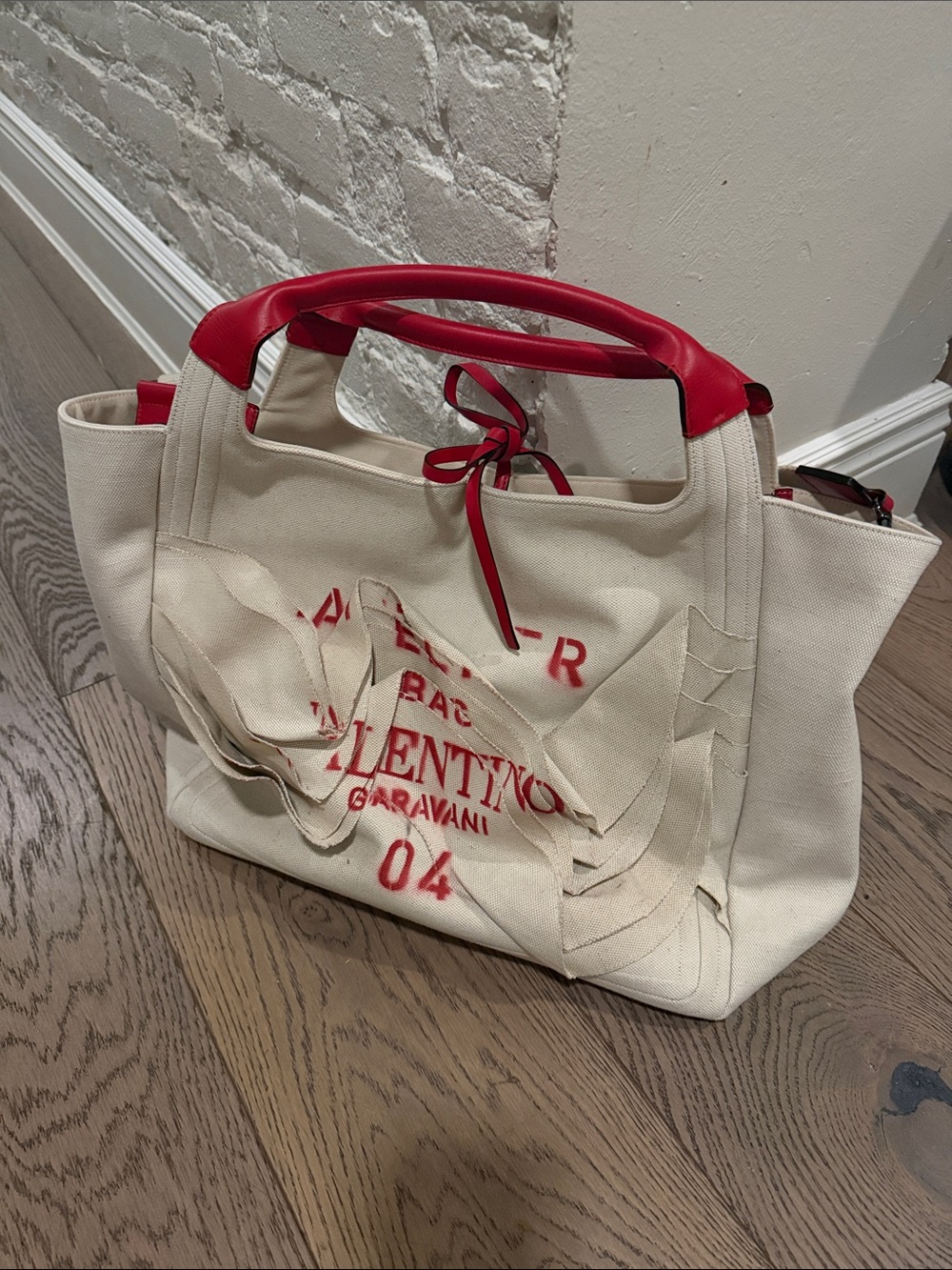 Valentino Garavani Cream Canvas Tote with Red Leather Handles